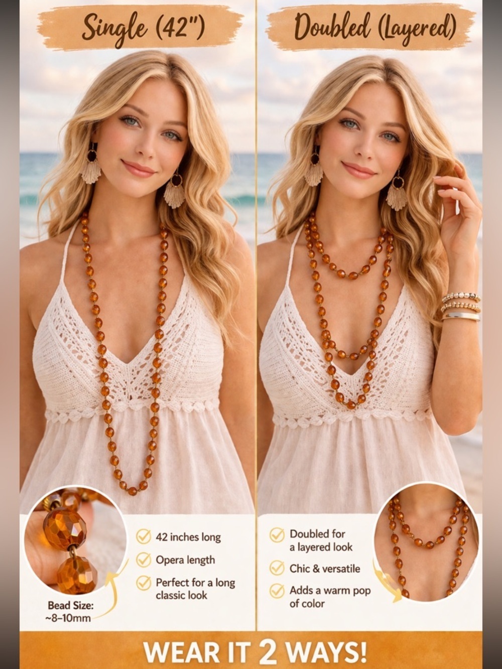Macy’s Amber Glass Bead Necklace 42” Long Layered 2-Look Boho Orange Elegant